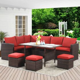 7-Pieces PE Rattan Wicker Patio Dining Sectional Cusions Sofa Set with Red cushions