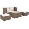 Outdoor 6-Piece Garden Furniture Set, PE Wicker Rattan Sectional Sofa Set with 2 Tea Tables, Brown Wicker+Beige Cushion